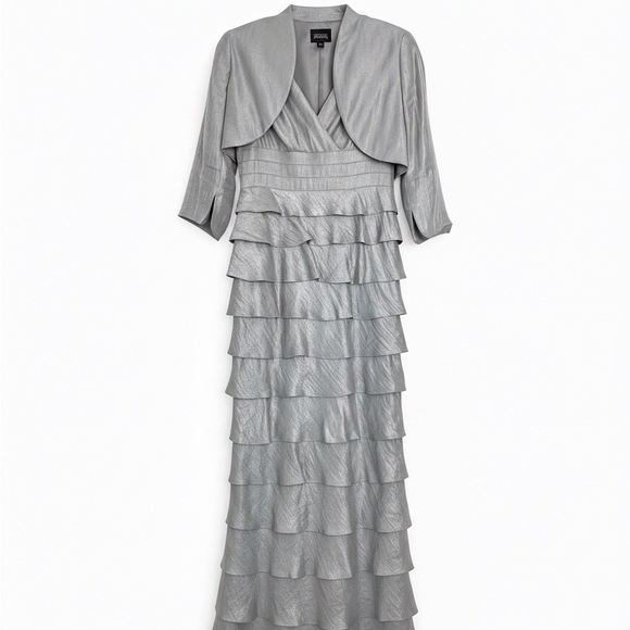 Adrianna Papell Silver Tiered Prom Dress - Picture 3 of 8